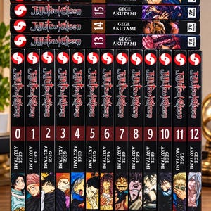 May include: A collection of Jujutsu Kaisen manga volumes numbered 0 through 17, stacked in two rows. Each black spine features the series title in white and red text, the volume number, the author Gege Akutami, and a character illustration at the base.