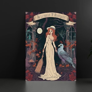 Puede incluir: Una impresión de arte mural rectangular que muestra una figura pelirroja con un vestido largo color crema y sombrero, sosteniendo una escoba. Junto a ella hay un gran pájaro gris. La escena incluye pilares oscuros, follaje rojo y una pancarta con el texto HALLOWEEN.