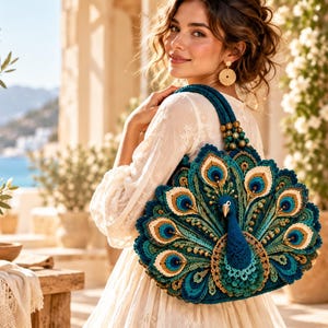 May include: A crochet handbag shaped like a peacock with a fanned tail featuring intricate layers of teal, blue, green, and gold yarn. The peacock head is centered on the bag, which has a thick braided handle adorned with wooden beads.