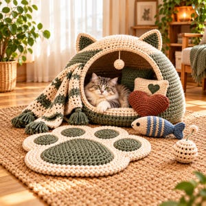 Könnte beinhalten: Ein gehäkeltes Katzenbett in Form eines Katzenkopfes mit Ohren in Creme und Dunkelgrün. Es enthält eine passende pfotenförmige Matte, einen gestreiften Schal mit Quasten, ein herzförmiges Kissen, ein Fischspielzeug und einen kleinen Spielball.