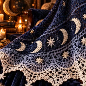 Può includere: Uno scialle all'uncinetto con una sfumatura dal blu scuro al blu chiaro e motivi di lune e stelle bianche. L'intricato motivo in pizzo termina con un bordo smerlato con accenti a forma di stella, mettendo in risalto il lavoro dettagliato.