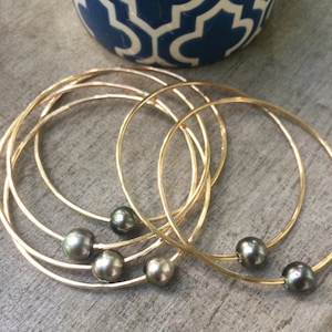 Custom Order 8-9mm Tahitian Black Pearl Gold Bangle - Set of 3