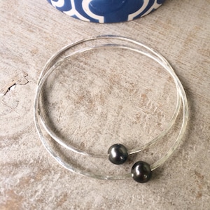 Custom Order 8-9mm Tahitian Black Pearl Sterling Silver Bangle