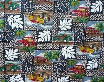 Fabric,Hawaiian Print Fabric, vintage cars, large leaves, stick figures