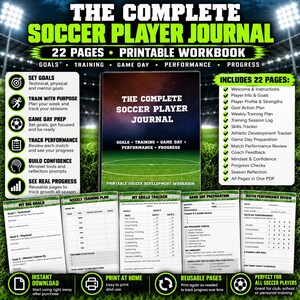 Könnte beinhalten: Ein druckbares Fußball-Spieler-Journal mit 22 Seiten zur Verfolgung von Zielen, Training, Spielvorbereitung, Leistung und Fortschritt. Das Cover zeigt den Titel und eine Grafik eines Fußballfeldes sowie detaillierte Seitenansichten.