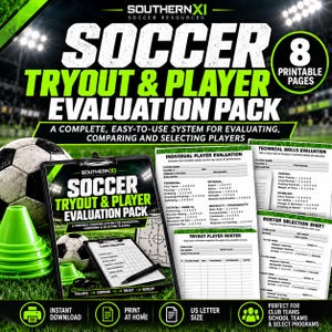 May include: A soccer tryout and player evaluation pack featuring 8 printable pages. The set includes evaluation forms, roster sheets, and technical skill assessments with black text on white paper, displayed with a clipboard and green cones.