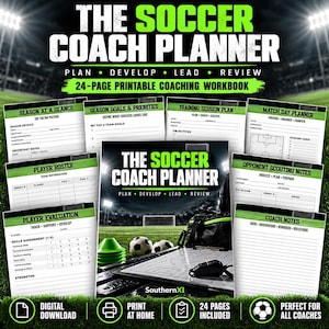 May include: A 24-page printable football coach planner workbook featuring various templates including season goals, training session plans, match day planners, player rosters, player evaluations, and coach notes with green and black accents.