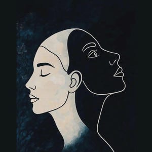 Puede incluir: Un póster en blanco y negro con el texto REALIFESTACIÓN y DESPIERTA TU PODER CREADOR. CREA TU R en la parte superior, y SONATURA CREA TU REALIDAD en la parte inferior. El gráfico central muestra dos perfiles de rostro en estilo bicolor.