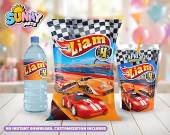 Rennwagen-Party-Set – Individuell gestaltbare Etiketten für Chips, Capri-Sun und Wasserflaschen (Digitale Datei)