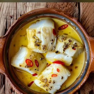 Può includere: Una ciotola in ceramica marrone contenente quattro spessi filetti di pesce bianco immersi in una salsa giallo brillante. Il piatto è guarnito con piccole fette di peperoncino rosso vivo ed erbe verdi finemente tritate, creando un contrasto.