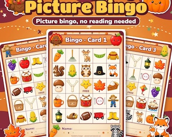 Thanksgiving Picture Bingo Printable for Kids, No Reading Needed + 4 Party Games, I Spy & Scavenger Hunt