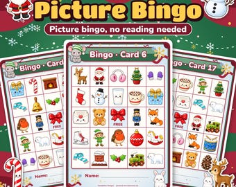 Christmas Picture Bingo Printable for Kids, No Reading Needed + 4 Party Games, I Spy & Scavenger Hunt