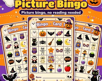 Halloween Picture Bingo for Kids, 24 Printable Cards + 4 Party Games, I Spy & Scavenger Hunt, PDF