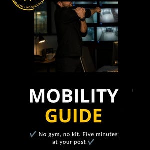 Op de afbeelding: Een digitale mobiliteitsgids met een cirkelvormig logo met de tekst SHIFT WORKER FITNESS LODGE PT NO GYM NO EXCUSES. De afbeelding bevat een foto van een persoon die rekt, de tekst MOBILITY GUIDE en de zin No gym, no kit. Five minutes at your post.