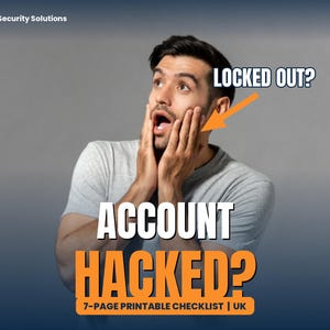 Puede incluir: Una lista de verificación imprimible de 7 páginas de Kells Security Solutions con el texto LOCKED OUT? y ACCOUNT HACKED? y una flecha naranja que apunta a una persona sorprendida con una camiseta gris.