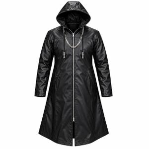 May include: A black long-length hooded coat featuring a smooth finish, a full-length silver-tone front zipper, and a decorative silver-tone chain draped across the chest. The coat includes long sleeves, two side pockets, and a hood with drawstrings.