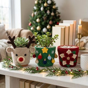 Christmas Plant Pot Cozy Crochet Pattern (PDF): Reindeer, Baubles, Poinsettia (3 Sizes)
