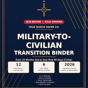 Puede incluir: Una portada de carpeta digital azul oscuro titulada Military-to-Civilian Transition Binder 2026 Edition de True North Paper Co. Incluye un icono de brújula, tres recuadros blancos que detallan 12 capítulos, 6 guías visuales y reglas de 2026, además de una lista de temas como T.A.P. Mastery y DD-214 review.