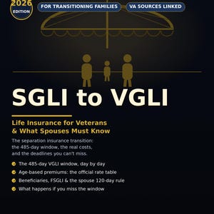 Puede incluir: Un documento informativo azul oscuro titulado SGLI to VGLI 2026 Edition para familias en transición. Incluye un icono de paraguas dorado sobre tres figuras, texto sobre seguros de vida para veteranos, reglas para cónyuges y plazos.
