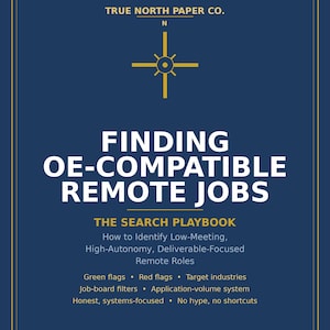 May include: A dark blue book cover with gold text and a compass icon. The title reads FINDING OE-COMPATIBLE REMOTE JOBS, THE SEARCH PLAYBOOK. Subtext includes How to Identify Low-Meeting, High-Autonomy, Deliverable-Focused Remote Roles and more.