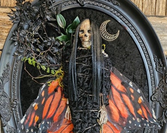 Fantasy art doll - Dead Fairy - Monarch butterfly - creepy skeleton doll - OOAK art doll framed