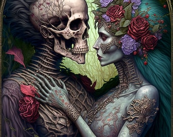 Mythic Tarot Poster - The Lovers tarot card, Size: 12″×18″, gothic skeletons kissing wall art, major arcana