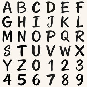 May include: A black, hand-drawn style alphabet featuring uppercase letters A through Z and numerals 0 through 9 arranged in a grid on a light cream background. Each character is rendered in a simple, bold, sans-serif font with rounded edges.