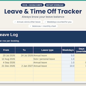 Könnte beinhalten: Eine digitale Leave & Time Off Tracker Tabellenvorlage mit einer Leave Log Tabelle, die Spalten für From, To, Leave type, Weekdays und Days override enthält. Die Benutzeroberfläche zeigt Textbeschriftungen für die Urlaubsverwaltung.