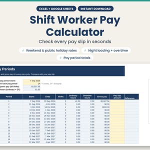May include: A digital Shift Worker Pay Calculator spreadsheet template for Excel and Google Sheets. The interface features dark blue headers, white cells, and yellow input fields, displaying pay periods, hours, and gross pay calculations.