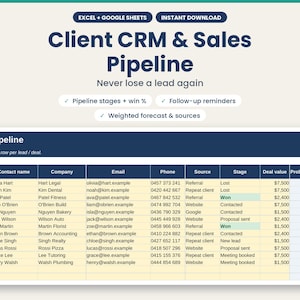 Peut inclure: Un modèle numérique de CRM client et pipeline de ventes pour Excel et Google Sheets. L'interface présente un en-tête bleu foncé avec des colonnes pour le nom du contact, l'entreprise, l'e-mail, le téléphone, la source, l'étape et la valeur.
