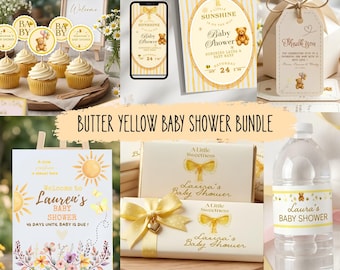 Paquete para baby shower en amarillo mantequilla, paquete para fiestas de eventos neutros, plantilla de letrero de bienvenida en tonos pastel suaves.