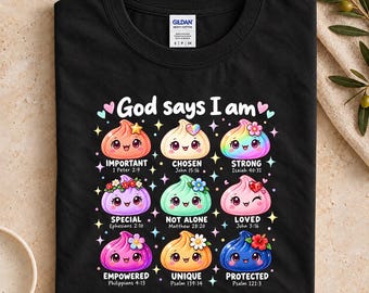 T-shirt « Dieu dit que je suis », T-shirt chrétien tout doux avec un motif de boulette, T-shirt graphique mignon avec un verset biblique, Cadeau chrétien pour filles et adolescentes inspiré par la foi