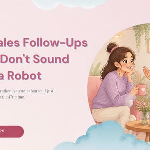 May include: A digital graphic featuring the text 50 Sales Follow-Ups That Don't Sound Like a Robot and For people who'd rather evaporate than send just circling back... for the 47th time. An illustration shows two people talking over mugs.