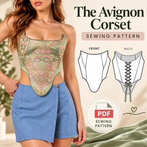 May include: The Avignon Corset sewing pattern features a sage green bodice with pink floral embroidery, a square neckline, and a pointed hem. The digital PDF includes front and back technical line drawings showing a lace-up back closure.