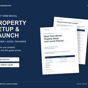 Op de afbeelding: Een digitale toolkit voor het opzetten en lanceren van kortetermijnverhuur, inclusief een planner van 28 pagina's in PDF-, DOCX- en XLSX-indeling. De donkerblauwe afbeelding toont de titel, tekst en voorbeeldpagina's van de planner.