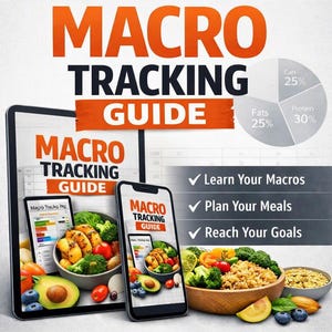 Pode incluir: Um guia digital de rastreamento de macros em um tablet e smartphone, com um gráfico de pizza mostrando 25% de carboidratos, 25% de gorduras e 30% de proteínas. As telas mostram tigelas com brócolis, frango e abacate, com o texto: Learn Your Macros, Plan Your Meals, Reach Your Goals.