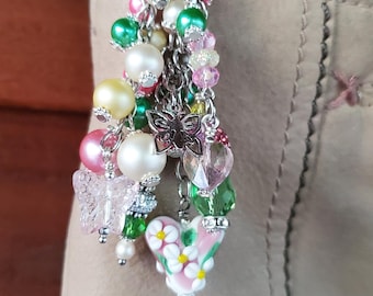 Floral Heart Bag / Planner / Journal Charm - Pink, Green, Silver