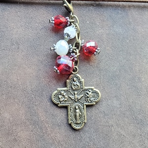 Catholic 4-way Cross Journal Charm / Zipper Pull - Red/White/Antique Brass - Religious Medal