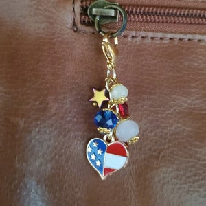 Patriotic Purse Journal Charm/Zipper Pull - Red, White and Blue Glass Crystal - American Flag