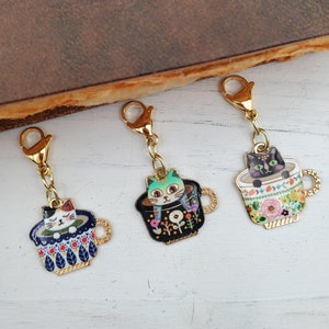 Cat in a Tea Cup Planner/Journal/Badge Charm or Zipper Pull - 6 Styles to choose from