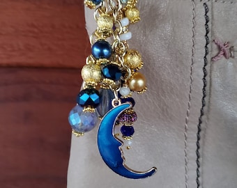Lunar Blue and Gold Bag / Planner / Journal Charm - Blue, Gold, White, Crystal
