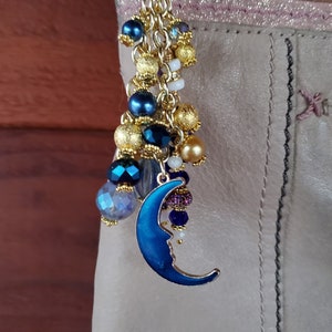 Lunar Blue and Gold Bag / Planner / Journal Charm - Blue, Gold, White, Crystal