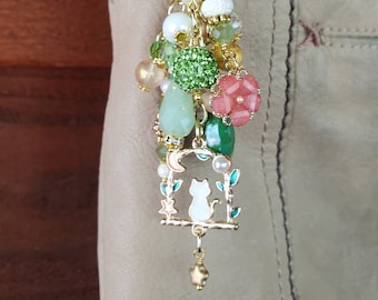 Cat Bag / Planner / Journal Charm - Peach, Green , Gold, Crystal