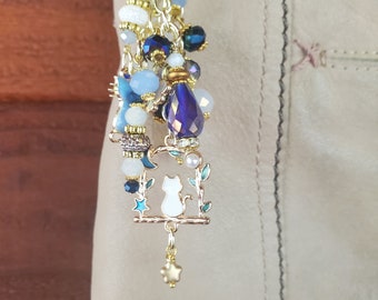Cat Bag / Planner / Journal Charm - Blue, White, Gold, Crystal