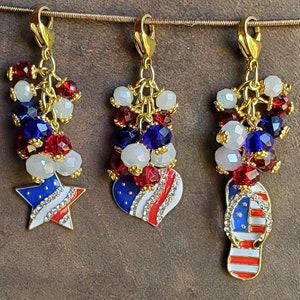 Patriotic Purse Journal Charm/Zipper Pull - Red, White and Blue Glass Crystal - Enamel Rhinestone Flag Charm