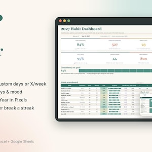 Habit Tracker 2027 Excel Google Sheets Spreadsheet, Daily Habit Tracker with Streaks, Year in Pixels, Custom Habit Schedule