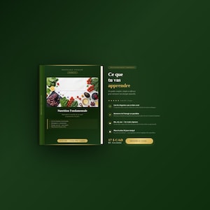 Op de afbeelding: Een digitale gids getiteld Nutrition Fondamentale met een donkergroene omslag en een afbeelding van groenten en fruit. De lay-out bevat tekstsecties met leerdoelen, een actieplan voor 30 dagen en een knop met de tekst OBTENIR LE GUIDE.