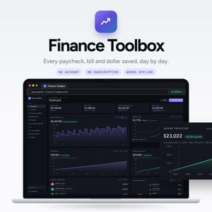 May include: A laptop screen displaying the Finance Toolbox software interface with a dark mode dashboard, financial charts, and savings projections. Text includes Finance Toolbox, Every paycheck, bill and dollar saved, day by day, NO ACCOUNT, NO SUBSCRIPTION, WORKS OFFLINE.