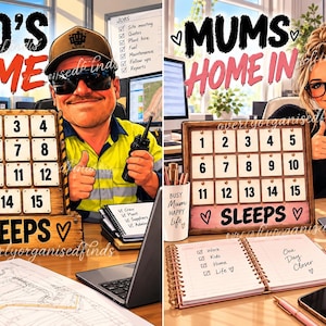 Puede incluir: Dos ilustraciones digitales que muestran un calendario de cuenta regresiva. A la izquierda, una persona con chaleco de alta visibilidad con el texto DAD'S HOME SLEEPS y los números 1-15. A la derecha, una persona con gafas y el texto MUMS HOME IN SLEEPS con los números 1-15, junto a material de oficina.