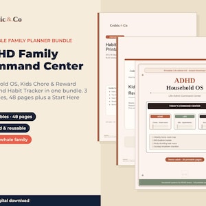 May include: A printable ADHD family command centre bundle featuring three documents with a household OS, kids chore and reward chart, and habit tracker. The pages include text headers like ADHD Household OS and Today's Command Center in a neutral colour palette.